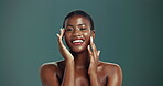 Hands, black woman and face in studio for skincare, satisfaction and treatment benefits with smile. Female model, dermatology and facial smooth in portrait for cosmetics, beauty and mockup background