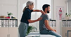 Back pain, man and physiotherapist with muscle examination for osteoporosis, bone fracture and rehabilitation. Patient, woman and shoulder massage for joint problem, physical therapy and treatment