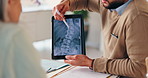 Doctor, hands and tablet screen with patient for x ray results, spine injury or diagnosis at hospital. Closeup, radiologist and client with technology, CT scan or MRI for medical procedure or surgery