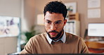 Laptop, thinking and man in office with research for psychology, assessment or schedule ideas. Planning, computer and therapist at clinic reading results, online report or telehealth website at desk