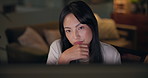 Night, employee and woman with tech, thinking and deadline with problem solving, online reading and internet. Asian person, solution and journalist with planning, research for article and feedback
