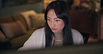 Research, night and woman with computer, serious and creative for journalism, online and deadline. Contemplating, professional and remote work for reporter, ideas and working late for article