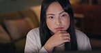 Asian woman, office and tech at night with planning, thinking and online administration with reading. Worker, professional and media consultant with digital project deadline and business research