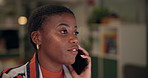 Business, phone call and black woman in office, conversation and planning with consultation. African person, employee and agent in workplace, smartphone and digital app for communication and talking