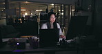 Night, business and woman with computer, problem solving and deadline with journalist. Asian person, evening and employee with tech, research for article or choice with planning or email notification