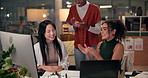 Women, office and happy with applause on computer for project success, completion and achievement. Business people, graphic designer and smile at night with clapping hands, teamwork and collaboration
