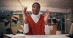Black woman, explanation or consulting with video call for presentation, webinar or online communication at office. Portrait, female person or POV with advice for talk or virtual meeting at workplace