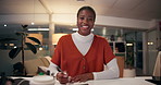 Happy, black woman and talking with video call for presentation, webinar or online communication at office. Portrait, female person or POV with writing for tutorial, lesson or virtual meeting at desk