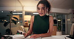 Business woman, writing and night with video call for online webinar, learning or tutorial at office. Portrait, female person or POV taking notes with earphones for virtual meeting or late conference