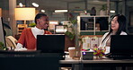 Computer, design and web development with business people in office at night for project management. Collaboration, creative and talking with website developer women in workplace for programming