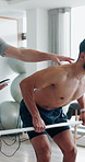 People, barbell and technology as coach for fitness, wellness and muscle in rehabilitation clinic. Ready, men and exercise as personal trainer for support, endurance test and cardio in physiotherapy