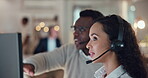 People, call centre and mentor on computer in office, manager helping and customer support at night. Team, consulting and talking agent in workplace for technical service, helpdesk and communication