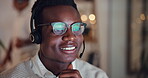 Black man, call centre and agent thinking in office, assistance and customer support at night. Male person, consulting and workplace for technical service, glasses and reading insight or reflection