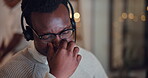 Headache, stress and black man in call centre, pain and burnout for workaholic, tired and telemarketing. Consultant, fatigue and person with migraine, overtime and worry for lead generation and agent