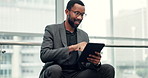 Tablet, business and black man scroll in office for research, investment report or corporate finance. Digital technology, smile and consultant reading email for profit, stock price or revenue growth