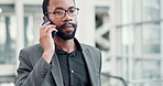 Walking, African and businessman in lobby for phone call communication, convention or travel booking. Corporate deal, listen or lawyer at airport with mobile for international trip or flight schedule