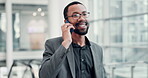 Walking, African and businessman in airport for phone call communication, convention or travel booking. Corporate deal, listen or lawyer in lobby with mobile for international trip or flight schedule