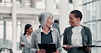 Business, women and walking to meeting with documents for financial briefing, budget planning and notes comparison. Accounting team, employees and tablet for account feedback and invoice information