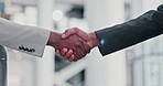 Handshake, business people and men with agreement, partnership and cooperation for project. Hello, closeup and employees with recruitment, onboarding and congratulations for promotion and b2b deal