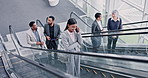 Above, escalator and phone call with business woman at Conference center for networking, convention and expo. Talking, workshop and seminar with employees for meeting, corporate and communication