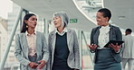 Walking, tablet and business people in office, talking and conversation for feedback. Communication, financial agency and employees in lobby, tech and review for online report, digital app and email