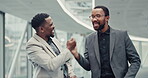 Business people, high five and black men with success, tablet and achievement in office. Employees, b2b deal and entrepreneurship with tech, email for approval funding and excited with celebration