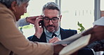 Office, colleagues and businessman with phone call for multitasking, chaos or anxiety for workload. Staff, mature lawyer and stress with paper for deadline, law firm or pressure for corporate project