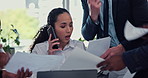 Office, colleagues and woman with phone call for multitasking, chaos and anxiety for workload. Staff, business lawyer and stress with paperwork for deadline, laptop and pressure for corporate project