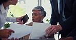 Office, hands or businesswoman with phone call for multitasking, chaos or anxiety for workload. Colleagues, mature lawyer or stress with paper for deadline, law firm or pressure for corporate project