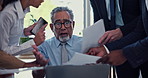 Office, hands and businessman with phone call for multitasking, chaos or anxiety for workload. Colleagues, mature lawyer and stress with paper for deadline, law firm or pressure for corporate project