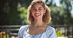 Happy, outdoor and face of woman in nature with positive attitude for social gathering. Smile, confident and portrait of female person from Cuba laugh for comedy or comic joke on balcony at house.