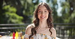 Confident, outdoor and face of woman in nature with positive attitude for social gathering. Smile, happy and portrait of female person from Canada laugh for comedy or comic joke on balcony at house.
