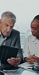 Discussion, tablet and business people in office for planning with research, website and internet. Professional, corporate and man and woman on digital tech for feedback, meeting and proposal report