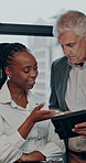Meeting, tablet and business people in office talking with research, online website and proposal report. Professional, corporate and man and woman on digital tech for feedback, help and discussion
