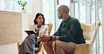 Tablet, team and business people in discussion or brainstorming ideas in office meeting. Collaboration, technology and talking to project manager for solution, problem solving and budget development