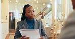 Business woman, lawyer and documents with client for meeting, proposition or legal compliance at office. Female person, advisor or attorney listening to candidate for company settlement at workplace