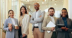 About us, business and people at office on portrait with smile, confidence and pride as accountants. Employees, diversity and happy or satisfied with career growth or job opportunity and teamwork
