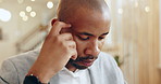 Thinking, stress or businessman reading in office for mistake, crisis or disaster online on news. Fail, wrong or face of African employee with glitch or bankruptcy with taxes audit, risk or error