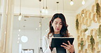 App development, tablet and walking with business woman in office for web design management or quality control. Serious, social media and software test with agency employee at work for virtual launch