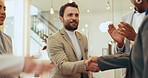 Handshake, business man and team applause for respect, goal achievement and support for promotion. Shaking hands, group and clapping in office for congratulations, praise and celebration of success