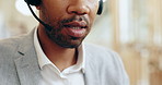 Headset, call center and mouth of black man agent in office for crm conversation for online consultation. Technology, assistant and African telemarketing operator for customer service in workplace.