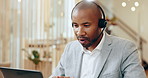 Headset, call center and black man agent in office for crm conversation for online consultation. Technology, assistant and African male telemarketing operator for customer service in workplace.