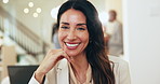 Face, manager and confident business woman in office for experience or coworking. Portrait, smile or professional entrepreneur at corporate enterprise, compliance officer or policy development worker