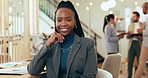 Face, happy and confident business woman in office for career, job or coworking. Portrait, smile and professional entrepreneur at corporate enterprise, compliance officer or policy development worker