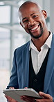 Tablet, happy and face of black man in office with communication email for finance report. Smile, portrait and African male financial advisor with digital technology for online investment proposal.