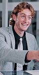 Smile, business man and handshake for agreement, laughing and clapping for praise or respect. Happy, manager and shaking hands for company partnership, deal success and merger negotiation in office