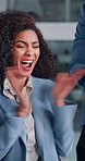 Applause, celebration and good news with business woman in office for success or support. Achievement, goals and target with happy African corporate employee clapping for bonus or promotion at work