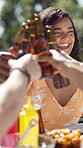 Cheers, drinks and friends with beers in garden for celebration, summer vacation or lunch. Party, bonding and toast with group of people on patio of home for social event, reunion and bbq together