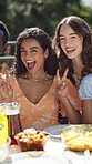 Friends, party and peace sign with photography in backyard for memory, drinks or new years event. People, gesture and group with smile, emoji or relax with alcohol at reunion for post on social media
