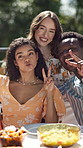 Friends, party and peace sign with photography for memory, drinks or new years event in backyard. People, gesture and group with smile, emoji or relax with alcohol at reunion for post on social media